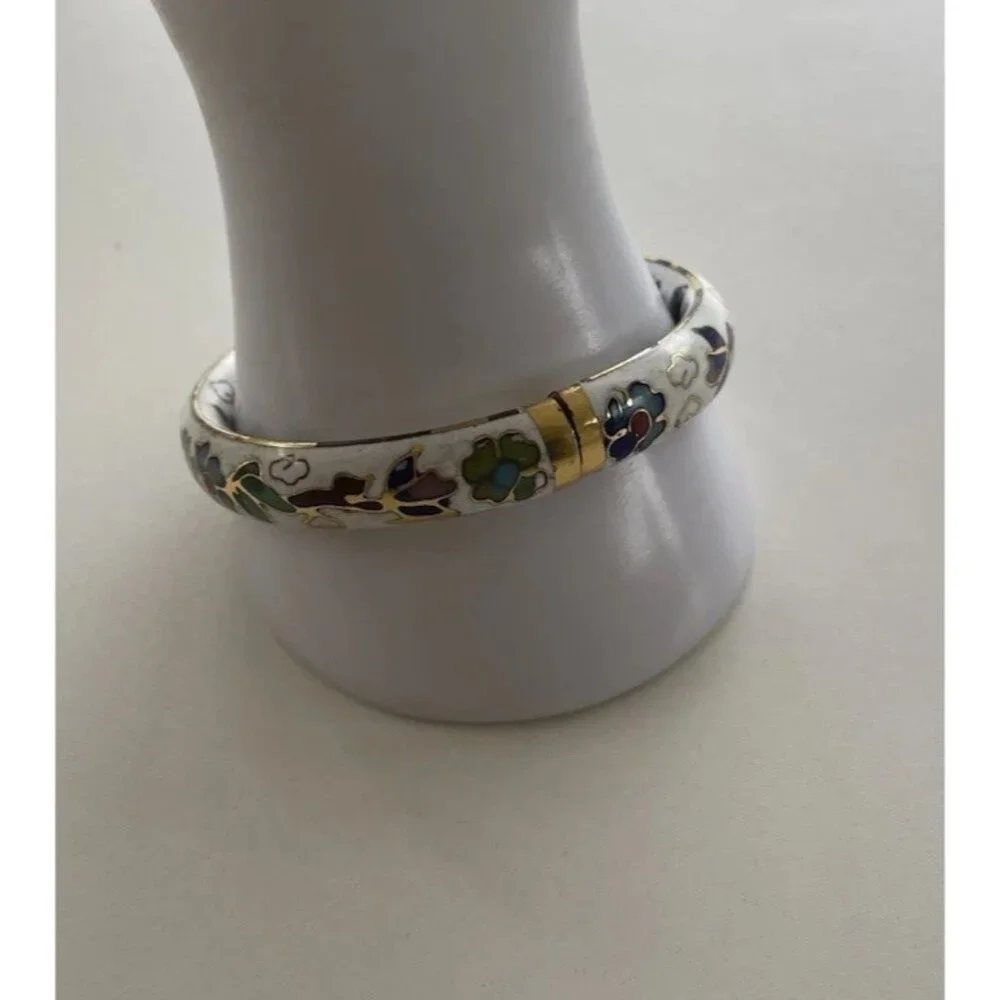 Vintage White Enamel Cloisonné Floral Blue Multi Color Hinged  Bangle Sz 7.5”